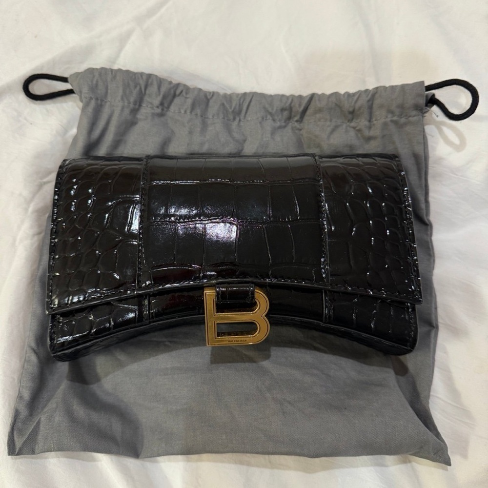Balenciaga Black Crocodile Embossed Clutch with Gold Logo